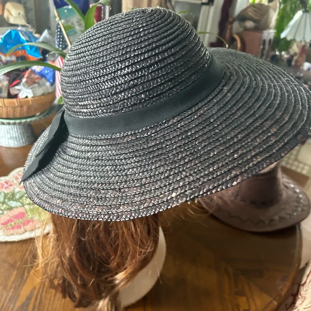 Vintage Black/Brown Straw Wide Brim Derby Hat